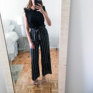 Black and White Paperbag Pinstriped Trouser Flowy Pants